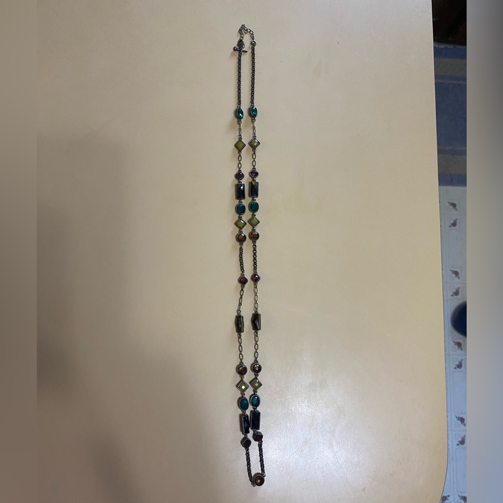 34” Multicolored stones & chain necklace-2” extender.  Green, red, yellow, brown